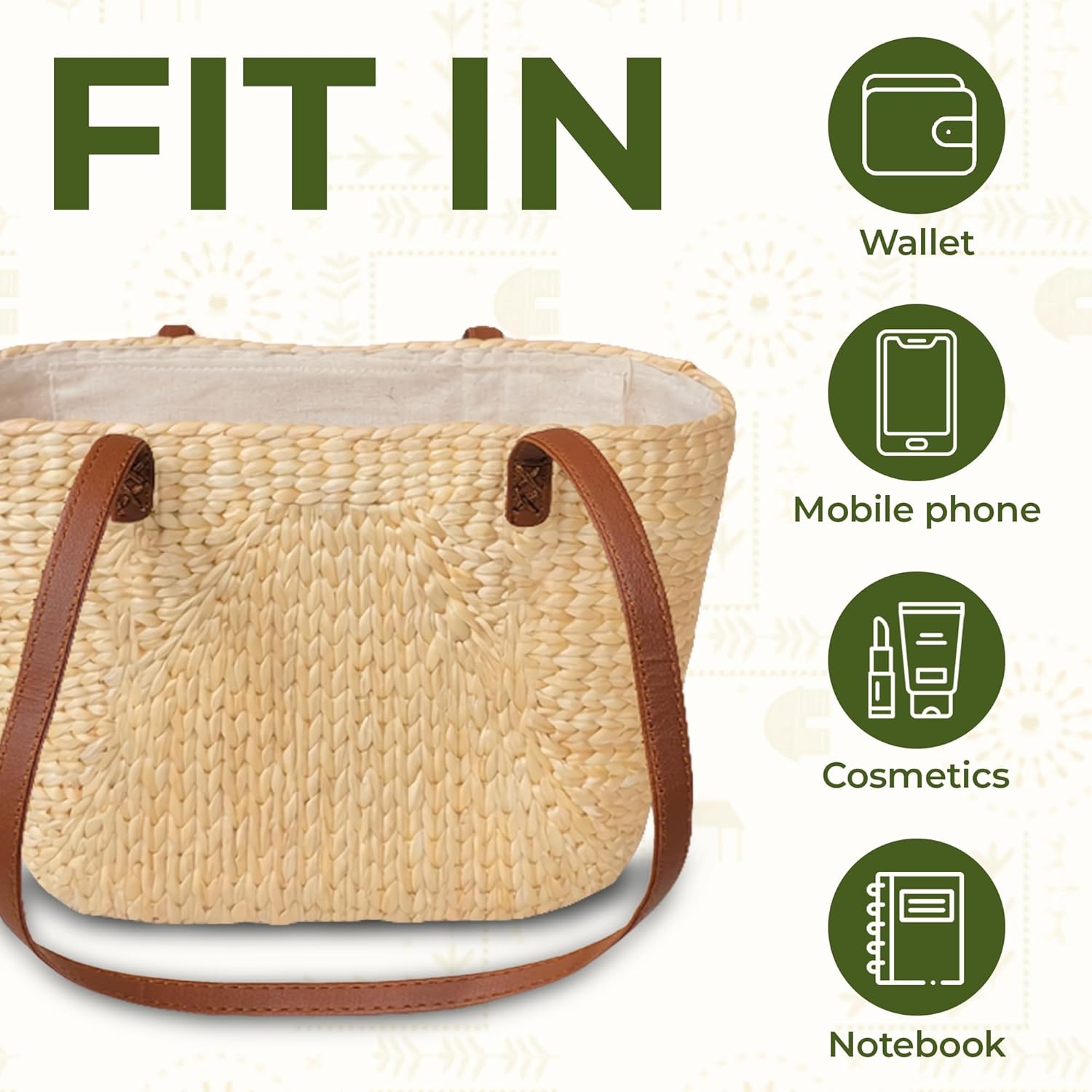 Water Hyacinth Tote Bag with Leather Straps – Handwoven Wicker Purse for Women, Boho Basket Tote, Small Beach Bag, Vacation Handbag, Eco-Friendly & Stylish