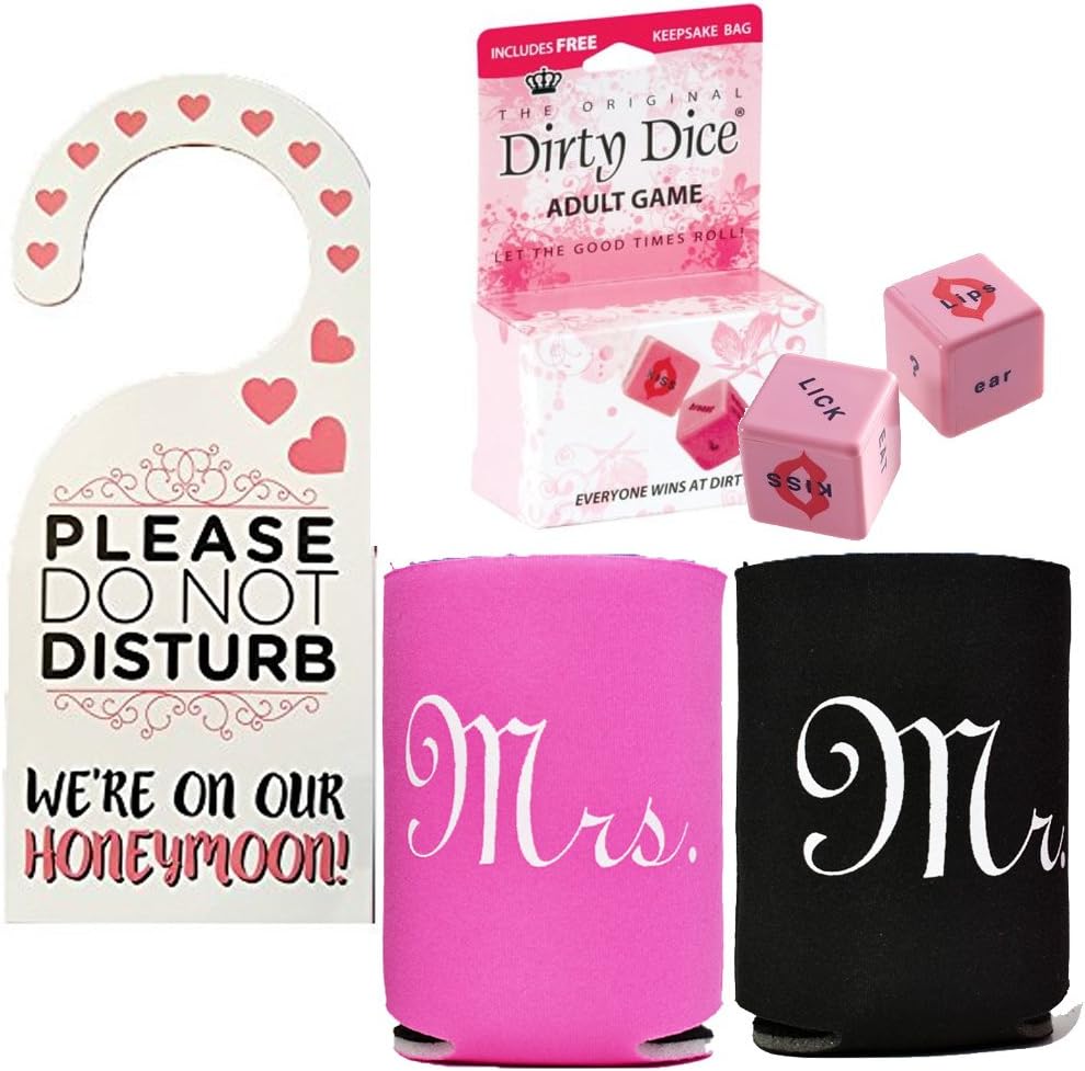 Honeymoon Survival Kit - Bride and Groom Cup Holders, Honeymoon Dirty Dice and Do Not Disturb Door Hanger (Boxed Set of 3 Items)