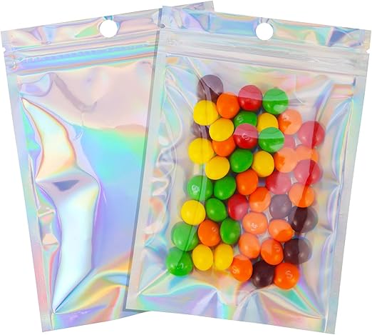 Amazon 100枚 4 X 6インチ 再密封可能 匂い防止バッグ マイラージップロックバッグ かわいいパッケージ 密封アルミホイルポーチ ミディアム プラスチックバギー 色付きクリアフロント ジップロック リップグロス グミ用 ホログラフィック 使い捨て食器 オンライン通販