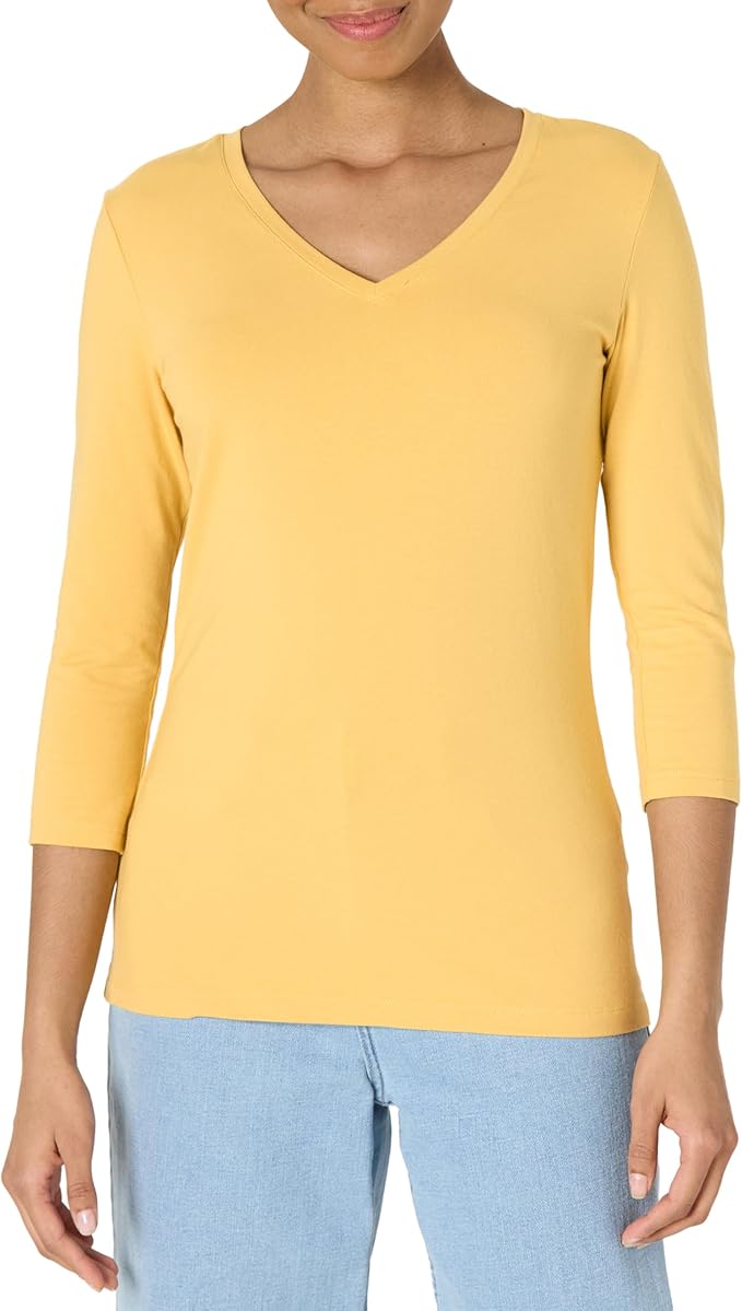 Amazon Essentials Mujer Camiseta con Cuello en V y Manga 3/4 de Corte Estándar (Disponible en Tallas Grandes)
