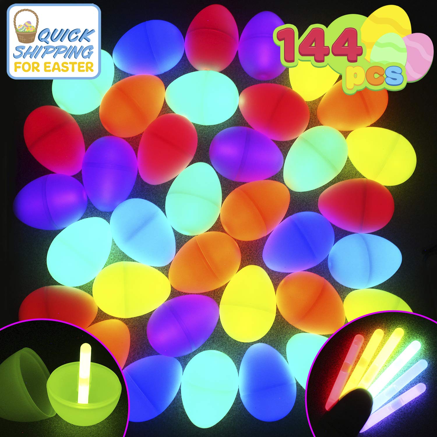 JOYIN 144 Pcs Easter Eggs with 288 Pcs Mini Glow Sticks for Kids Glow-in-The-Dark Basket Stuffers Fillers Gift, Easter Eggs Hunt Game Party Favors Classroom Decorations Supplies
