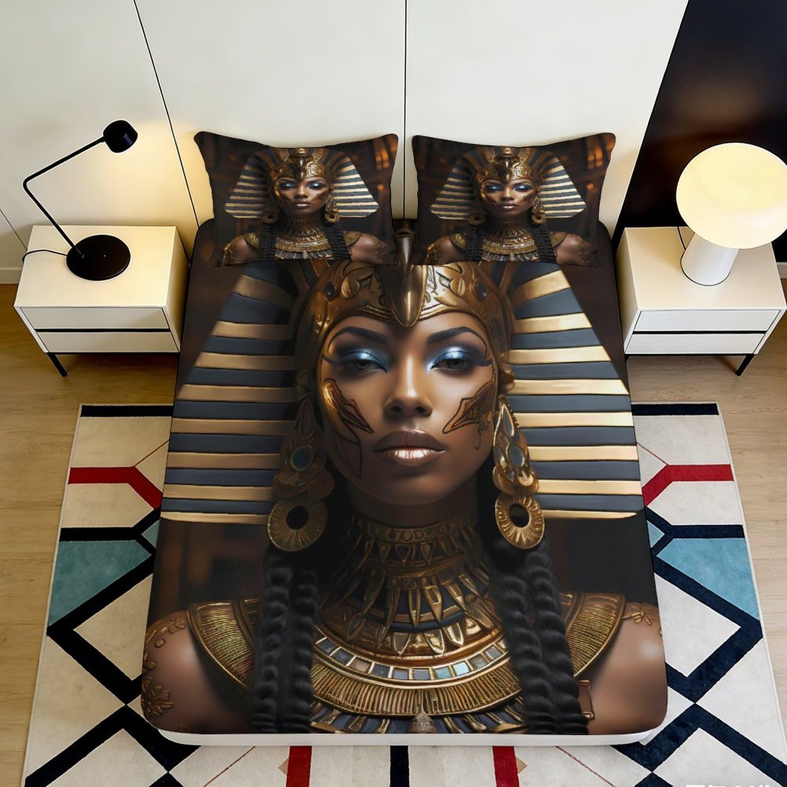 3D Printed Egyptian Pharaoh Fitted Sheet Microfiber Soft Breathable Ancient Gold Mask Mattress Cover for Bedroom Dorm Protection Decor 140x200x25cm