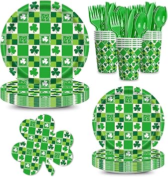 168Pcs St Patricks Day Party Supplies Lucky Plates Napkins Green Irish Shamrock Paper Tableware Set St Patricks Disposable Dinnerware Paper Cups Knives Forks and Spoons Set Serve 24 Guests