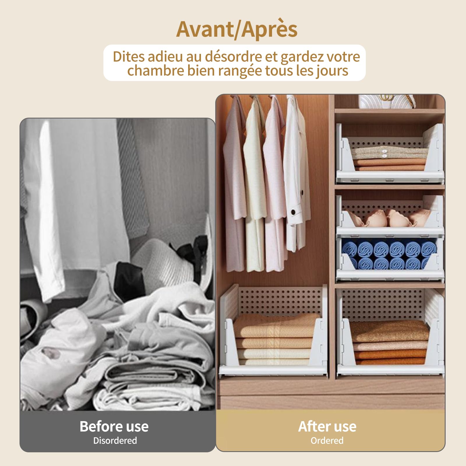 4 x organizer impilabile per cassetto, abbigliamento impilabile, cassetto scorrevole, portaoggetti per armadio, cucina, bagno, camera da letto (bianco, set di 4, 33,5 x 43 x 72 cm)