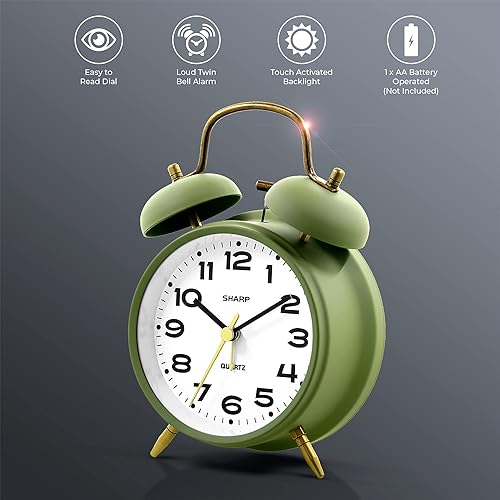 Miniatura 2 de SHARP Reloj despertador de doble campana, alarma fuerte ideal para personas que duermen con mucha resistencia, elegante acabado mate con detalles de