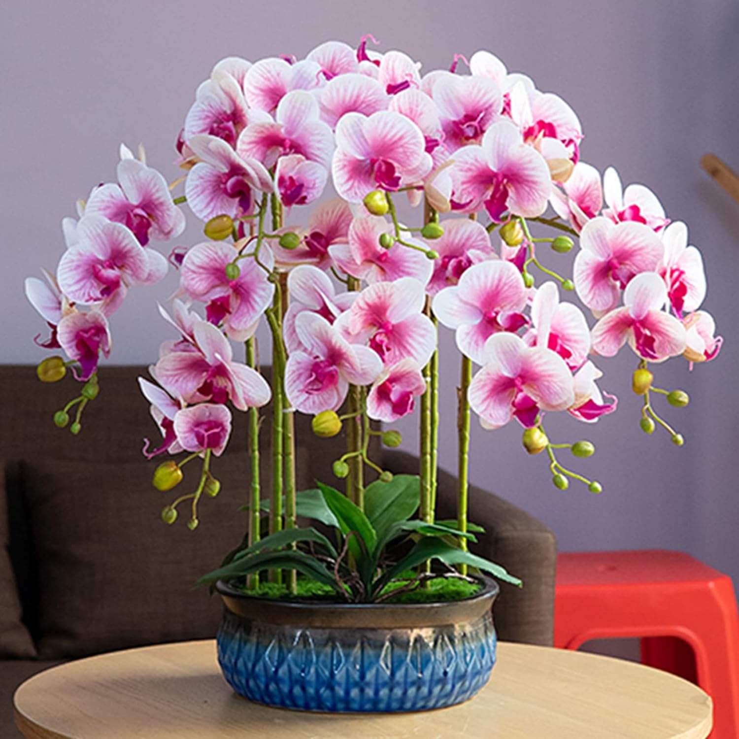 HinyoCo 5 Pcs Artificial Orchid Flowers,Artificial Phalaenopsis Flowers 32 Inch Stem Plants for Home Wedding Decoration (White Flower Purple Core)