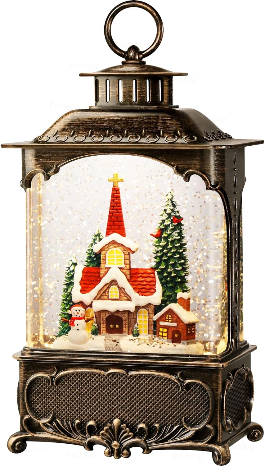 Church Snow Globe Christmas Decorations Gifts Snowman Cabin Cardinal Tree USB/Battery Timer Music Glitter Snowfall Lantern 10.2 inch - Image 6