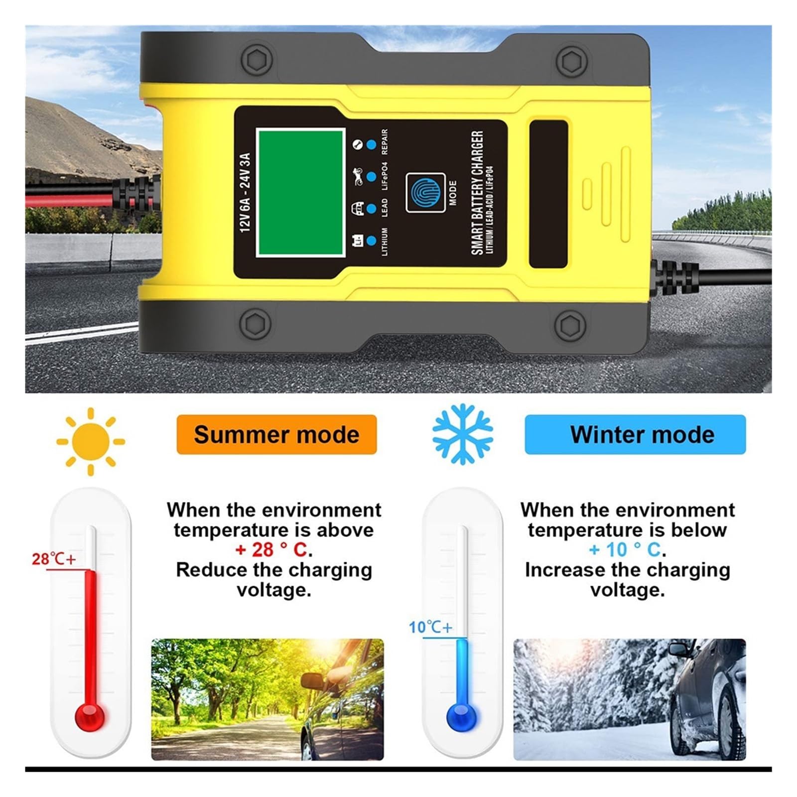 12V-24V 6A W Pełni Automatyczna Inteligentna Ładowarka Do Akumulatora 7-etapowa Samochodowa Mokrych Suchych Akumulatorów Kwasowo-ołowiowych-ładowarki Wyświetlacz LCD Precyzyjne łAdowanie(Yellow)
