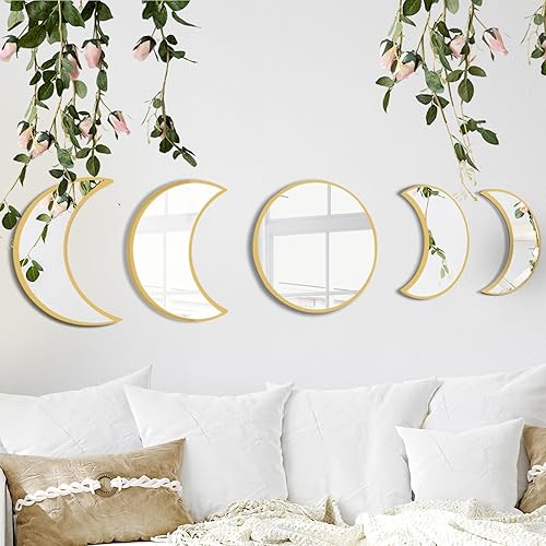 YUBAIHUI Juego de espejos bohemios de fase lunar para decoración espiritual de habitación, espejo de luna de cristal para colgar en la pared para