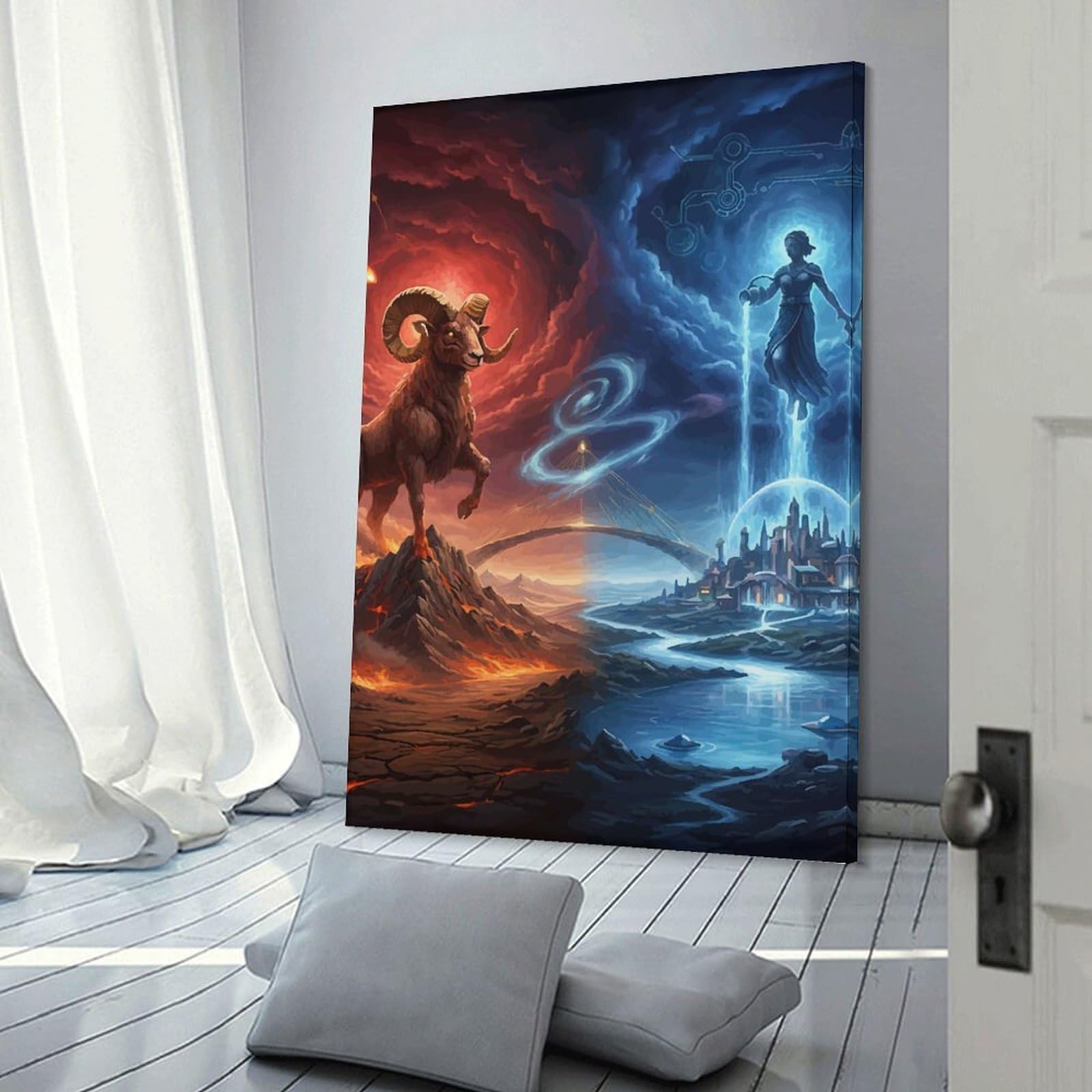 Junmoney Frame-Style-7 Ram And Futuristic City Canvas Wall Picture, 24X36inch(60X90cm), For Study, Office Or Focused Interiors, Home Office Artwork With Decorative Appeal