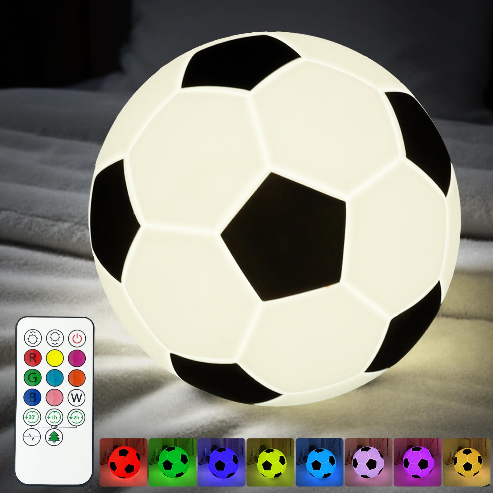 Luz nocturna de silicona que brilla en la oscuridad para niños, lámpara de noche recargable de 5.12 pulgadas, 9 colores regulables con control remoto y temporizador, regalos de fútbol