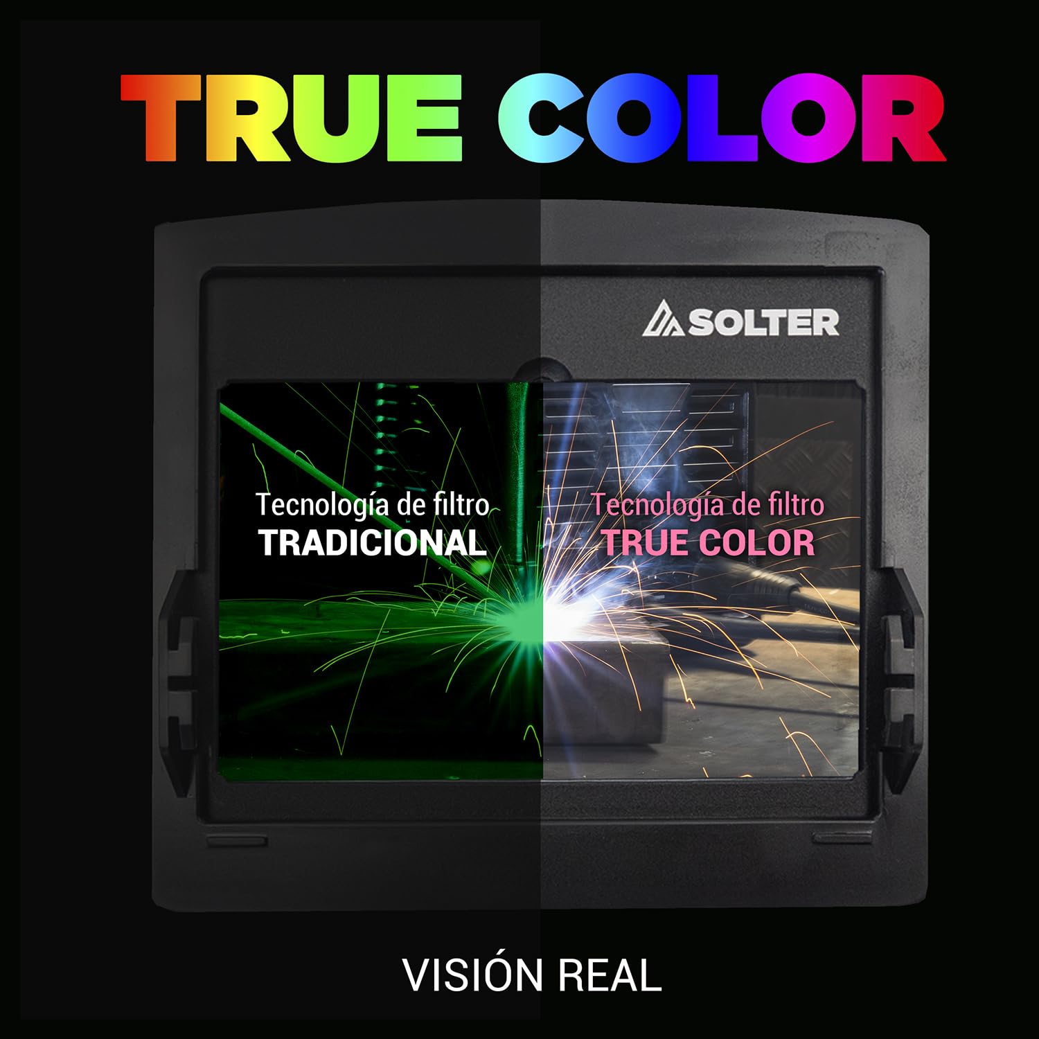 Solter HELLMET R-10 JOB Pantalla de Soldadura Automática, Tecnología True Color, DIN Ajustable 5-8/9-13, Área de Visión 100x60mm, 4 Sensores, Pila Solar Reemplazable, Certificación CE 1/1/1/1