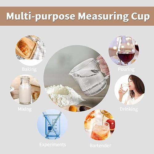 Vista 48 de Newness Taza medidora de vidrio con asa, 33.8 fl oz (1 litro, 4 tazas) taza medidora de doble cara con tres escalas (OZ, taza, ML/CC) y pico