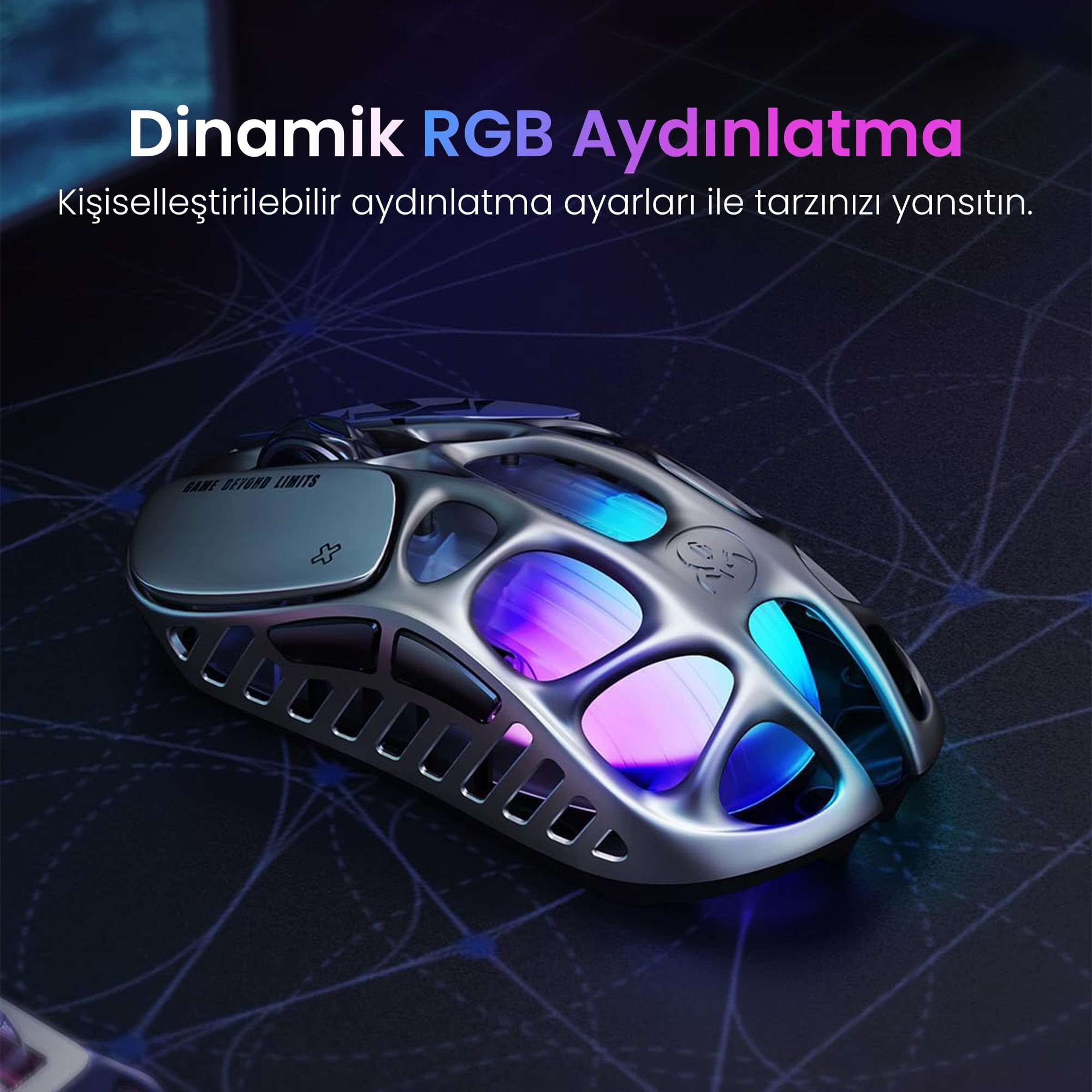 GravaStar Mercury X Pro Kablosuz Oyun Faresi - 32.000 DPI PAW 3950 Sensör, 8.000Hz Yoklama Hızı, Magnezyum Alaşımlı İçi Boş Çerçeve, RGB Aydınlatma, 5 Programlanabilir Düğme, Üç Modlu