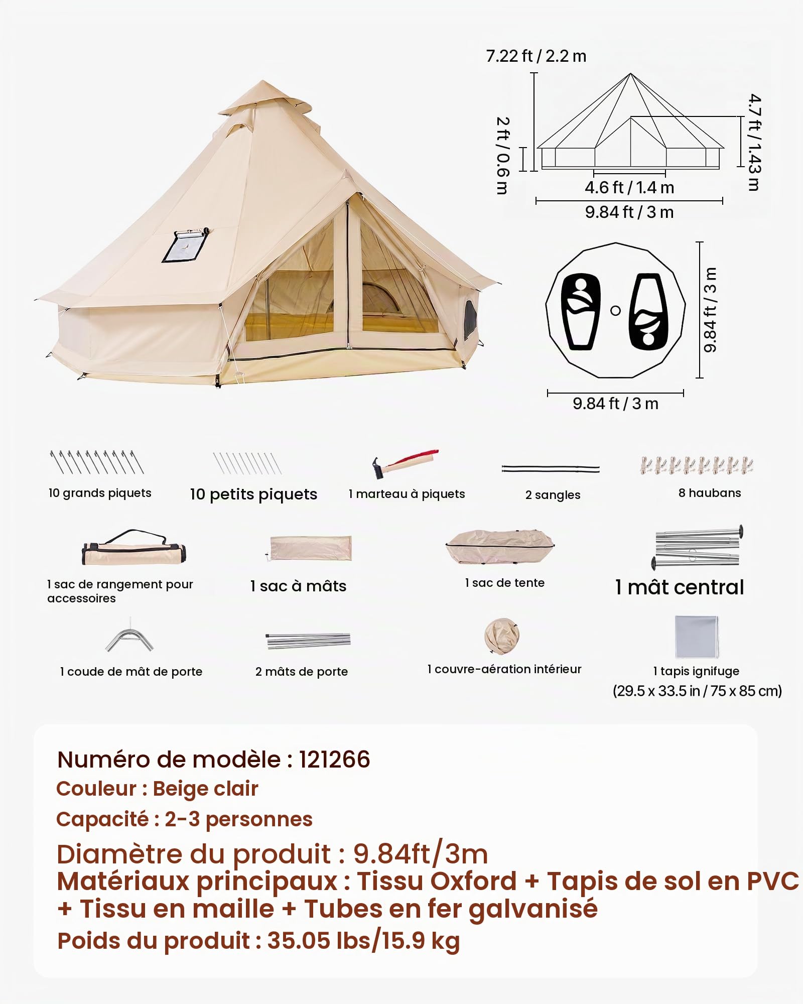 VEVOR Tente Yourte 3 m Jusqu'à 3 Personnes Tente Cloche en Tissu Oxford, pour 4 Saisons, Camping Familial, Glamping, Chasse, Événements Plein Air, avec Passage pour Conduit de Poêle, Tapis Amovible