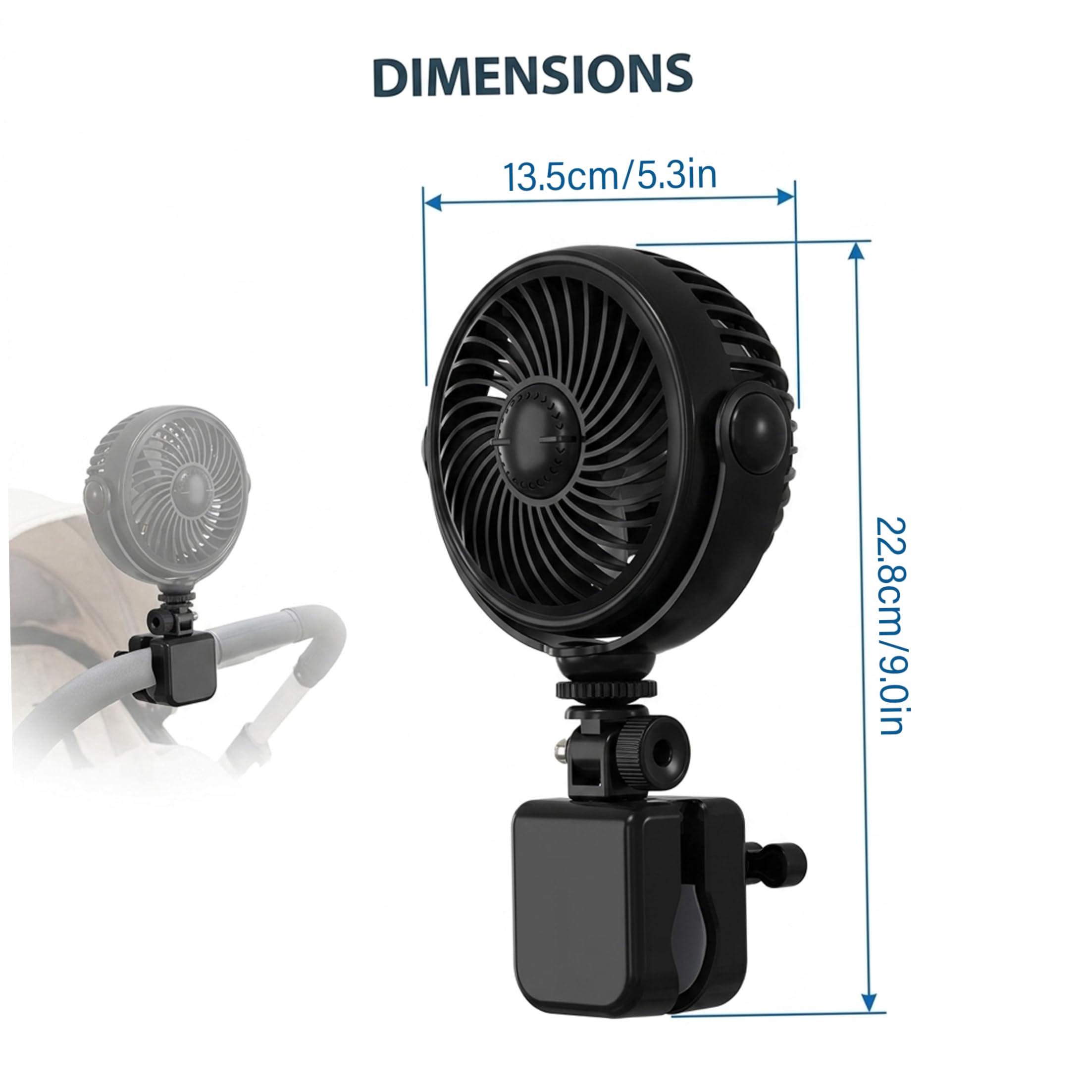 Ventilador para cochecito de bebé, con rotación completa de 720°, batería recargable de 2000 mAh, rejilla de seguridad, se adapta a cochecito, cuna, negro ·1