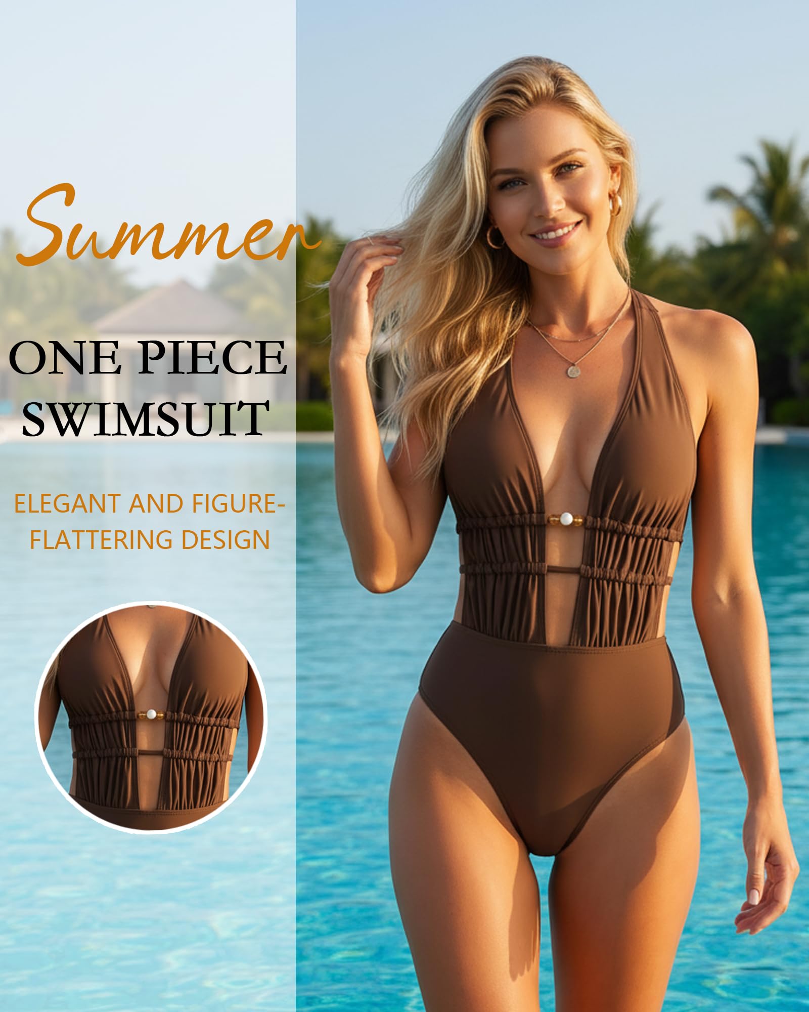 Bañador de Una Pieza Mujer Reductor Abdominal Push Up Moldeador Escote V Fruncido Sexy Espalda Descubierta Cordón Moda Playa Marrón Swimsuit