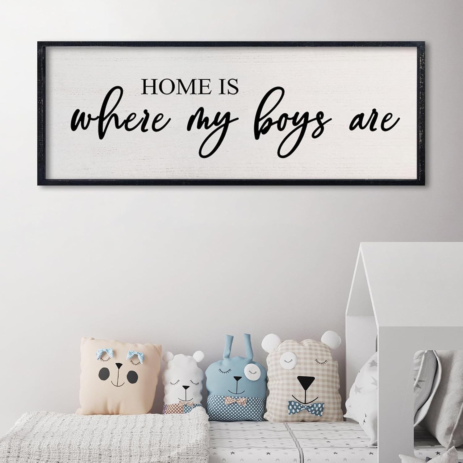 comurdyo Home Is Where My Boys Are Family Sign Wall Decor 32×12 Inch Home Mom Mothers for boys room Wooden Hanging Art (Black) 32"L x 12"W Home Is Where My Boys Are (Black)