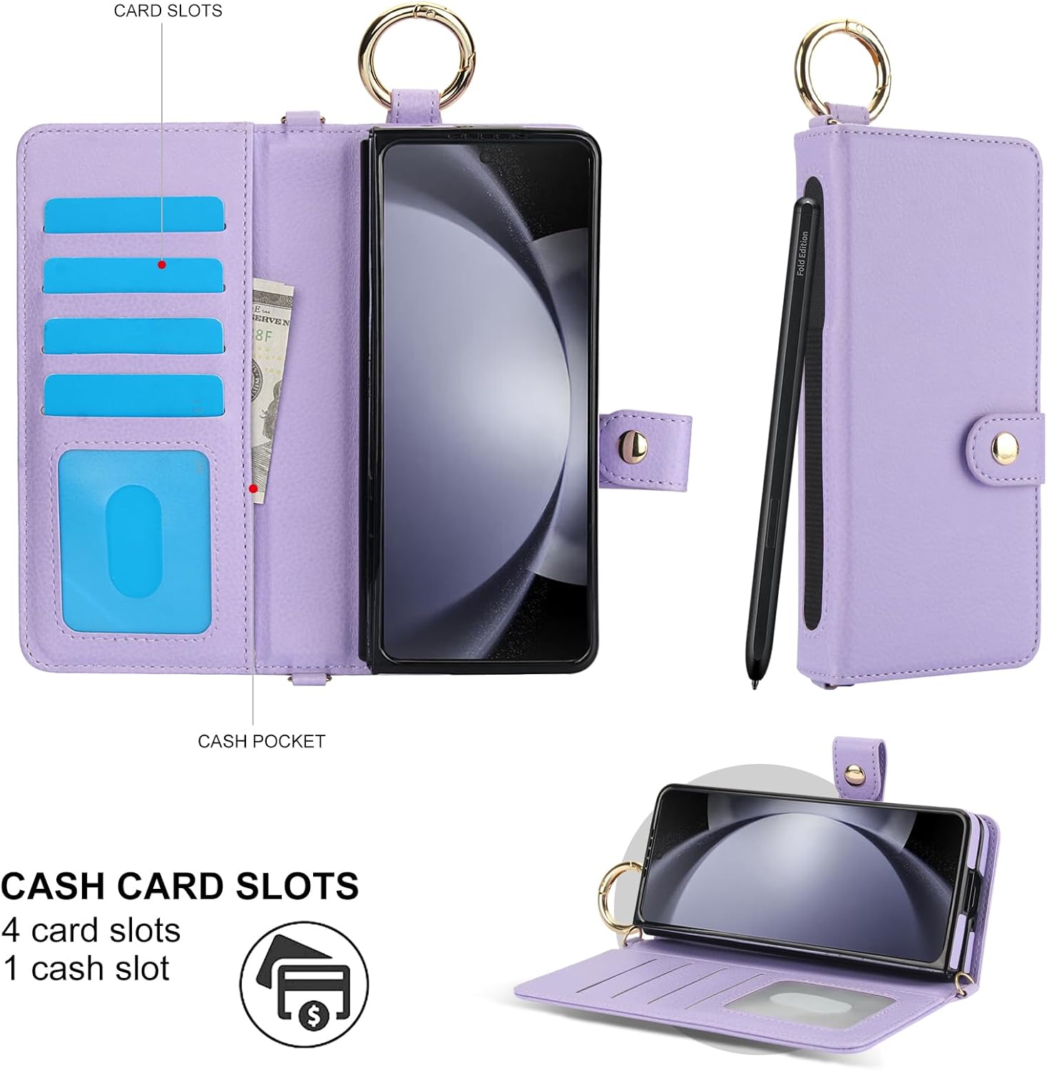 Asuwish Phone Case for Samsung Galaxy Z Fold 5 5G 2023 Wallet Cover with S Pen SPen Slot Credit Card Holder Stand RFID Blocking Slim Wrist Strap Cell Accessories ZFold5 Z5 G Fold5 5Z Women Men Purple