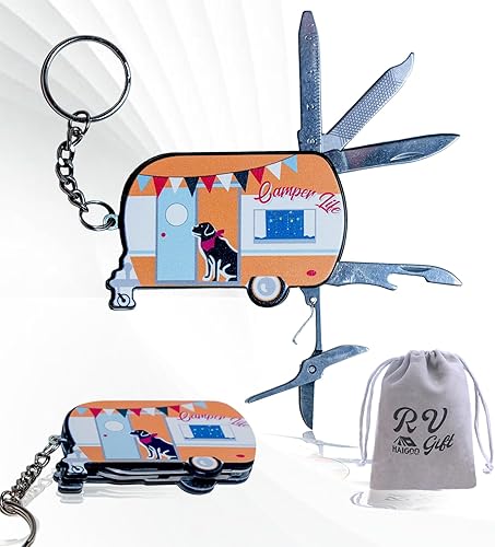 Miniatura 10 de Multiherramienta 5 en 1 colorida para pies grandes, esencial para acampar con cuchillo, tijeras, lima de uñas, regla y abridor de botellas, perfecta