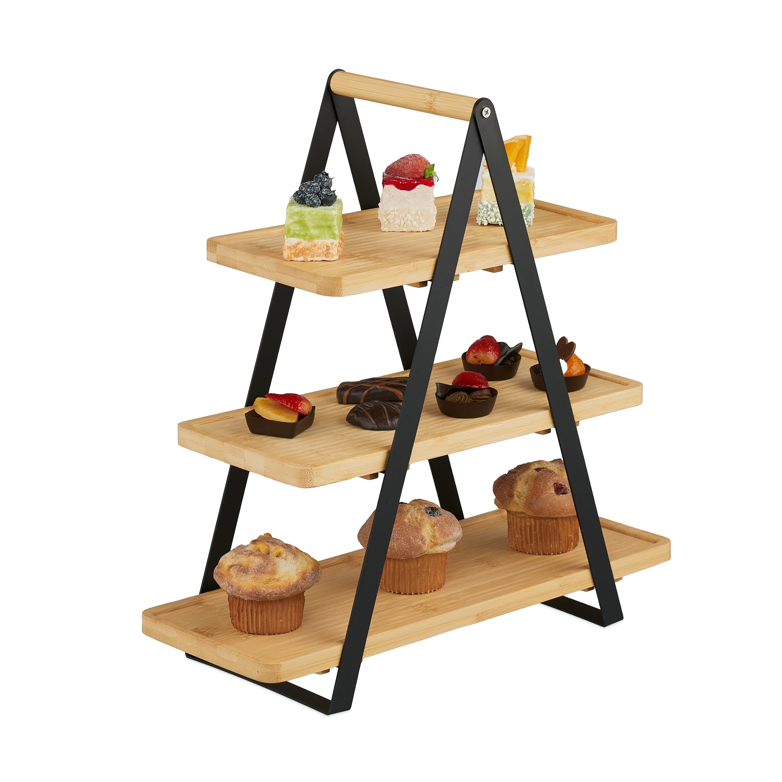 Relaxdays Etagère 3 Laags - Bamboe - Metalen Handvat - 36 X 28 Cm Voor Hapjes Natuur Zwart