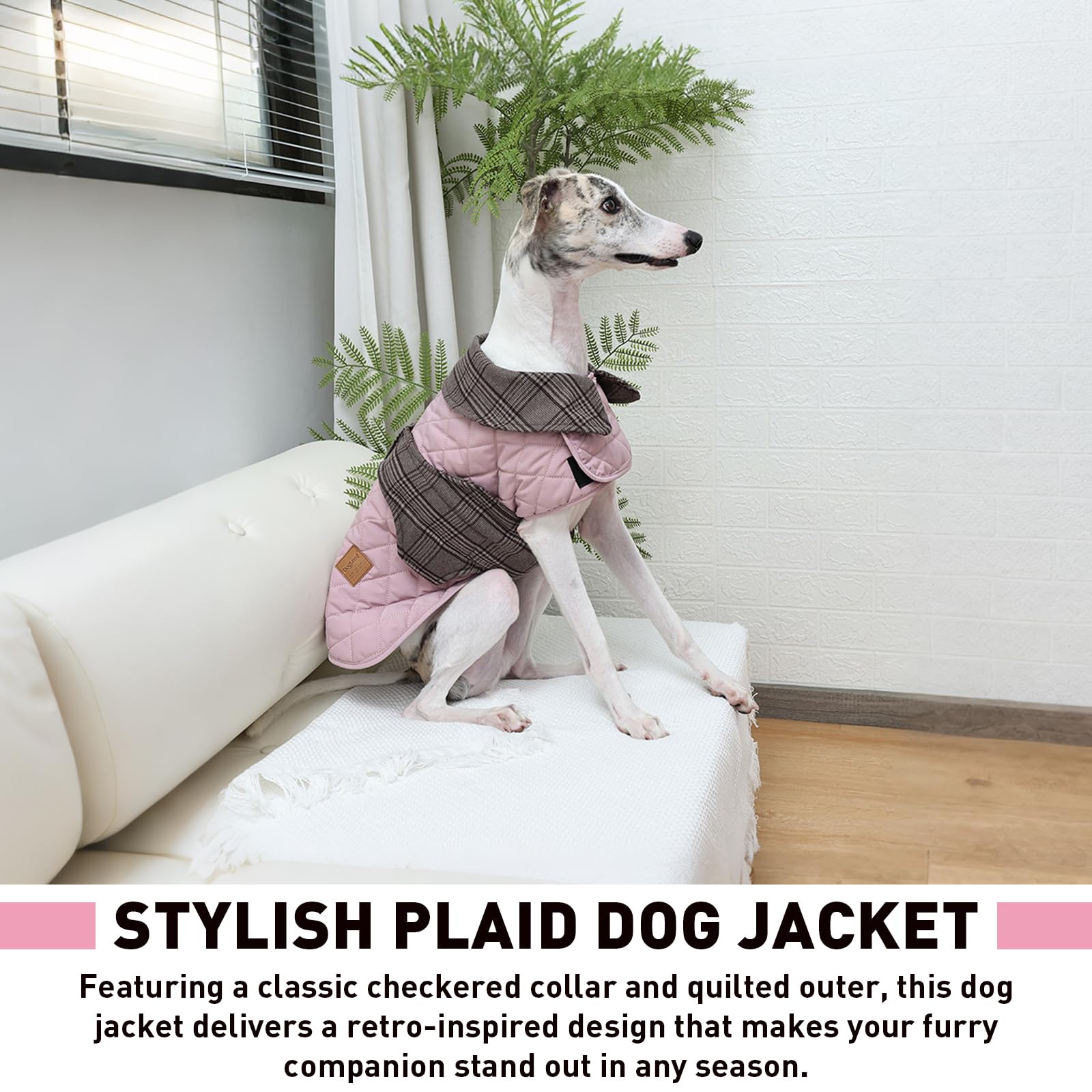 Cappotto invernale per cani, antivento, reversibile, trapuntato, con colletto a quadri, chiusura con , per cani di taglia piccola, media e grande (rosa, 2XL)