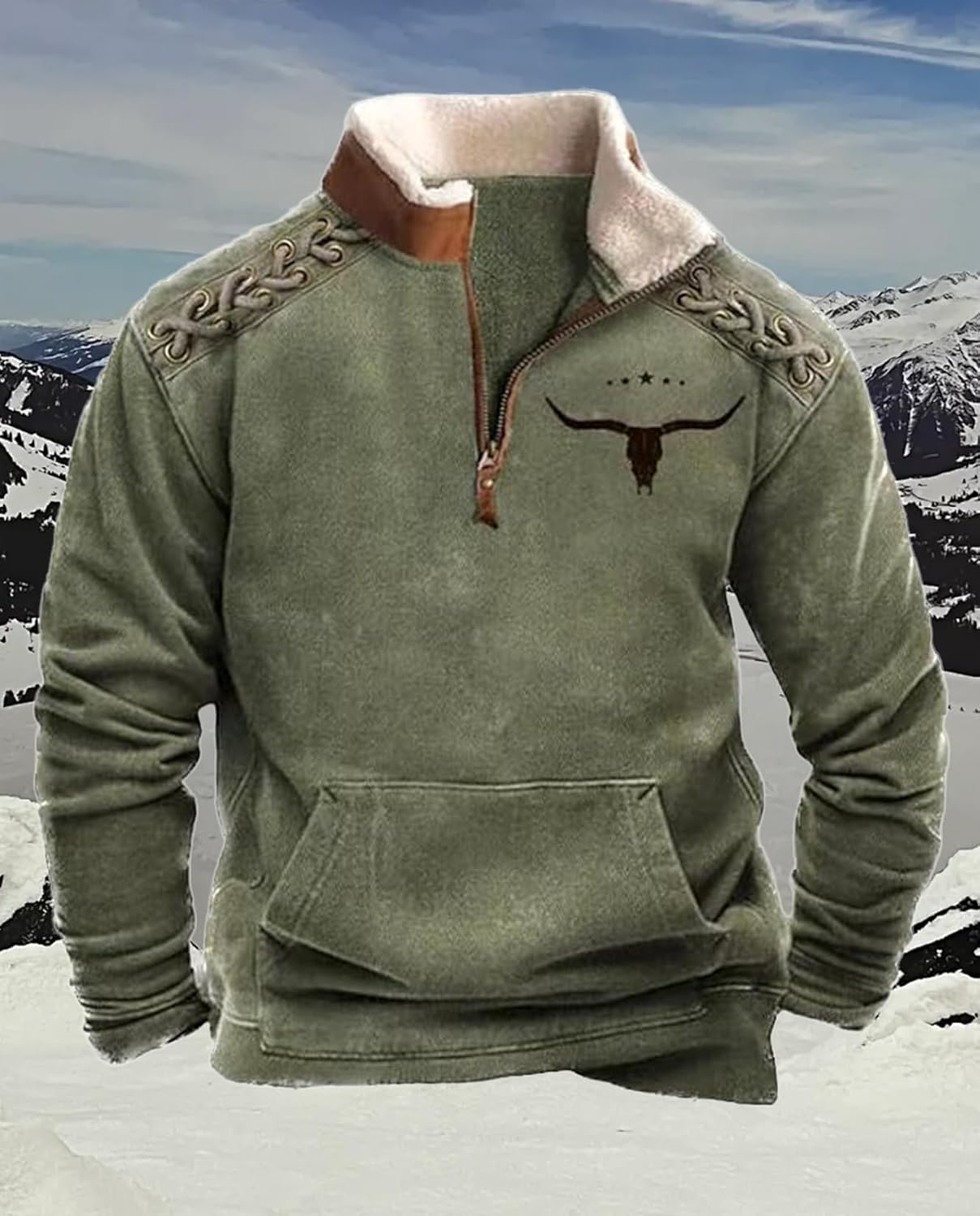 Western Sweatshirts for Men Aztec Retro Pullover Quarter Zip Sweatshirt Mens Stitching Color Fleece Sweatshirt - Image 5