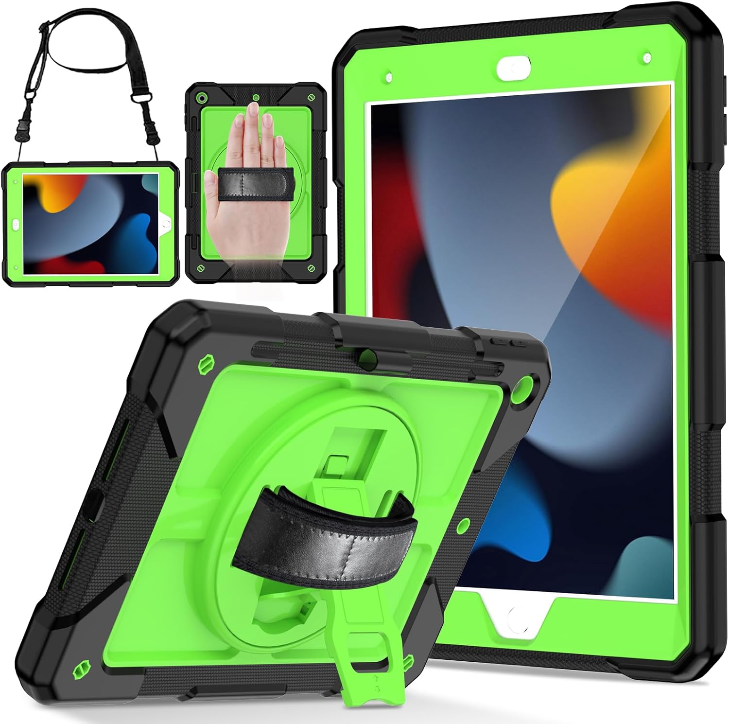 LTROP Case for iPad 9th/8th/7th Generation 10.2 Inch(2021/2020/2019),Protective Cover Case for iPad 10.2" with Pencil Holder/Rotating Stand/Hand Strap for iPad Gen 9/8/7, Green and Black