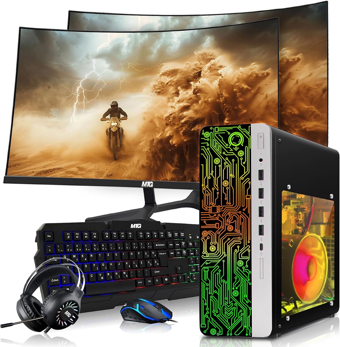 PC para juegos HP, AMD Ryzen 3 Pro, 8 GB de RAM, SSD de 512 GB, Win 11 | Ordenador de escritorio, gráficos GT 1030, monitor curvo dual de 24 pulgadas, KBM RGB, auriculares, USB WiFi BT (renovado)