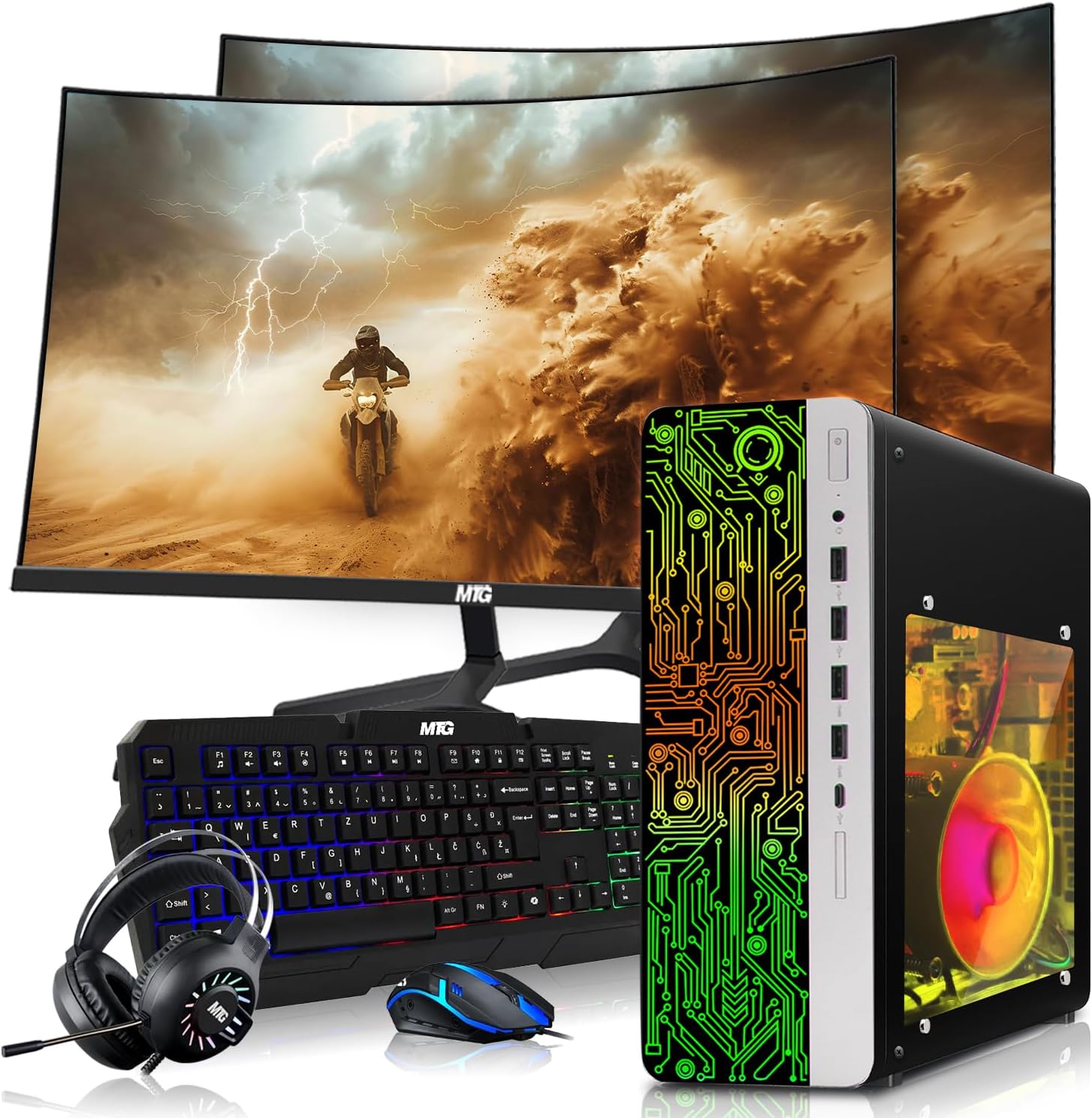HP Gaming PC Desktop Computer – AMD Pro A10-9700,GT 1030 Graphics,8GB RAM,1TB SSD,Dual 24 Inch Curved Monitor,RGB Keyboard with AI Copilot,Mouse,WiFi,RGB Headphone,Windows 11(Renewed)