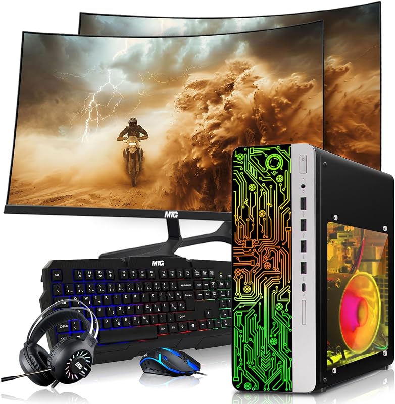 PC para juegos HP, AMD Ryzen 3 Pro, 8 GB de RAM, SSD de 512 GB, Win 11 | computadora de escritorio, gráficos GT 1030, monitor curvo dual de 24 pulgadas, KBM RGB, auriculares, USB WiFi BT (renovado)