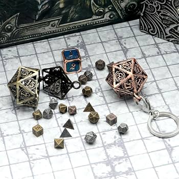 Set De Mini Dados D&D De Bronce Antiguo – 7 Dados Poliedros (D4, D6, D8, D10, D%, D12, D20) Con Estuche Metálico, Portátil