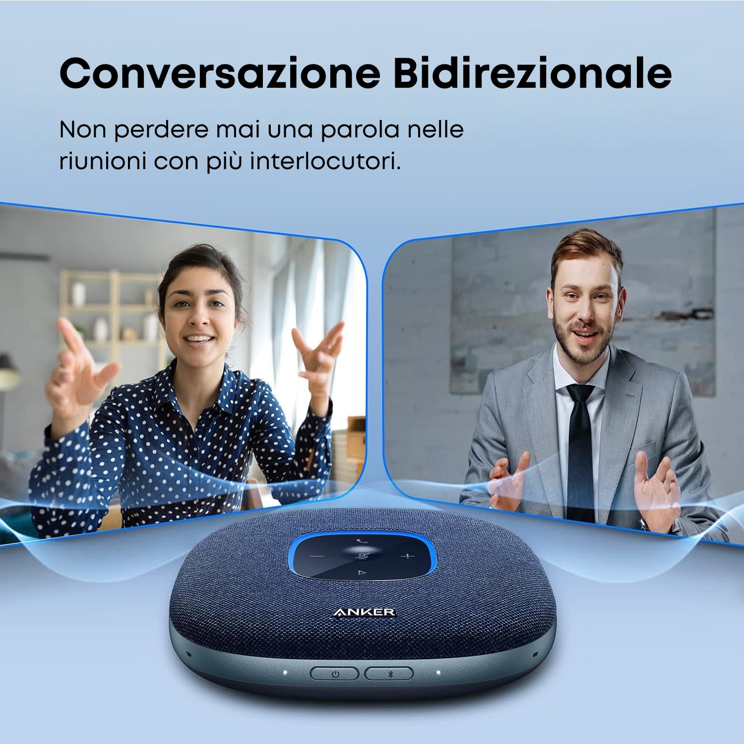 Anker Altop. Bluetooth PowerConf S3 6 mic, capacità di captare la voce ottimizz., dur. chiam. 24 h, contr. app, BT 5, USB-C, altop. per confer. compatib. con principali piattaf., ufficio a casa