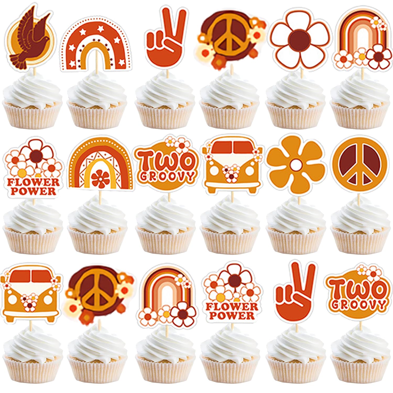 iUgeeo 24 Pcs Two Groovy Cupcake Toppers, 2nd Birthday Hippie Dessert Cupcake Toppers Set 70s 2 Groovy Cupcake Decorations Party Favors Supplies