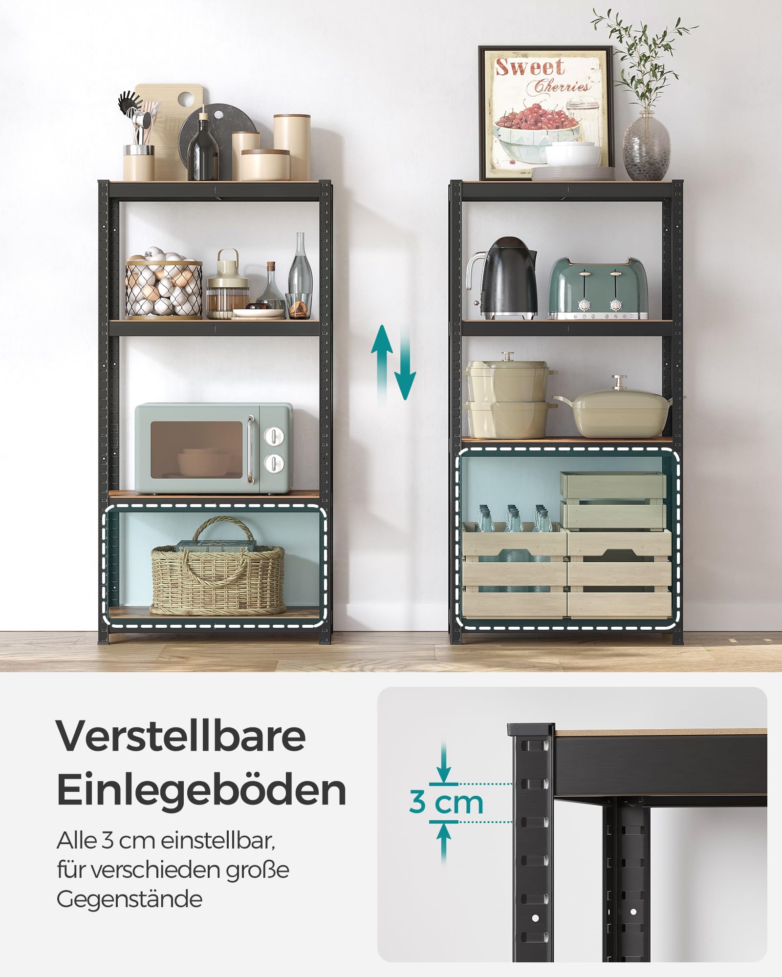 SONGMICS Standregal, Bücherregal, Lagerregal, 4 Ablagen, verstellbar, 40 x 80 x 160 cm, bis 520 kg belastbar, für Küche, Wohnzimmer, vintagebraun-schwarz GLR044B11