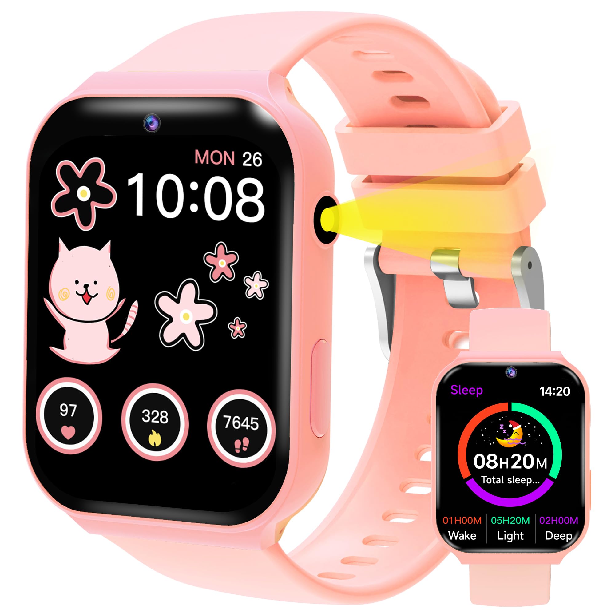 Reloj Inteligente Niña Deportivo, 1.8"HD Smartwatch Niños y Niñas con Podómetro, Monitor de Sueño, 18 Juegos, Linterna, Cámara, Despertador, IP68 Pulsera Actividad Niños Niñas Reloj Adolescente Regalo
