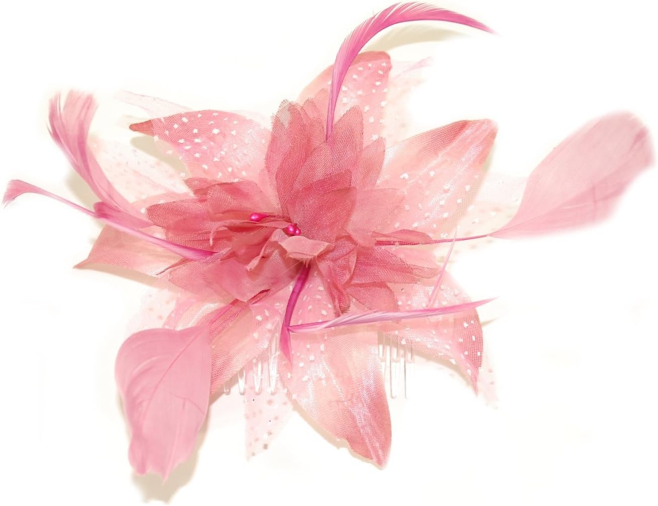 Flower Net and Feathers Fascinator On A Comb 9 Colours (Dusky Pink)