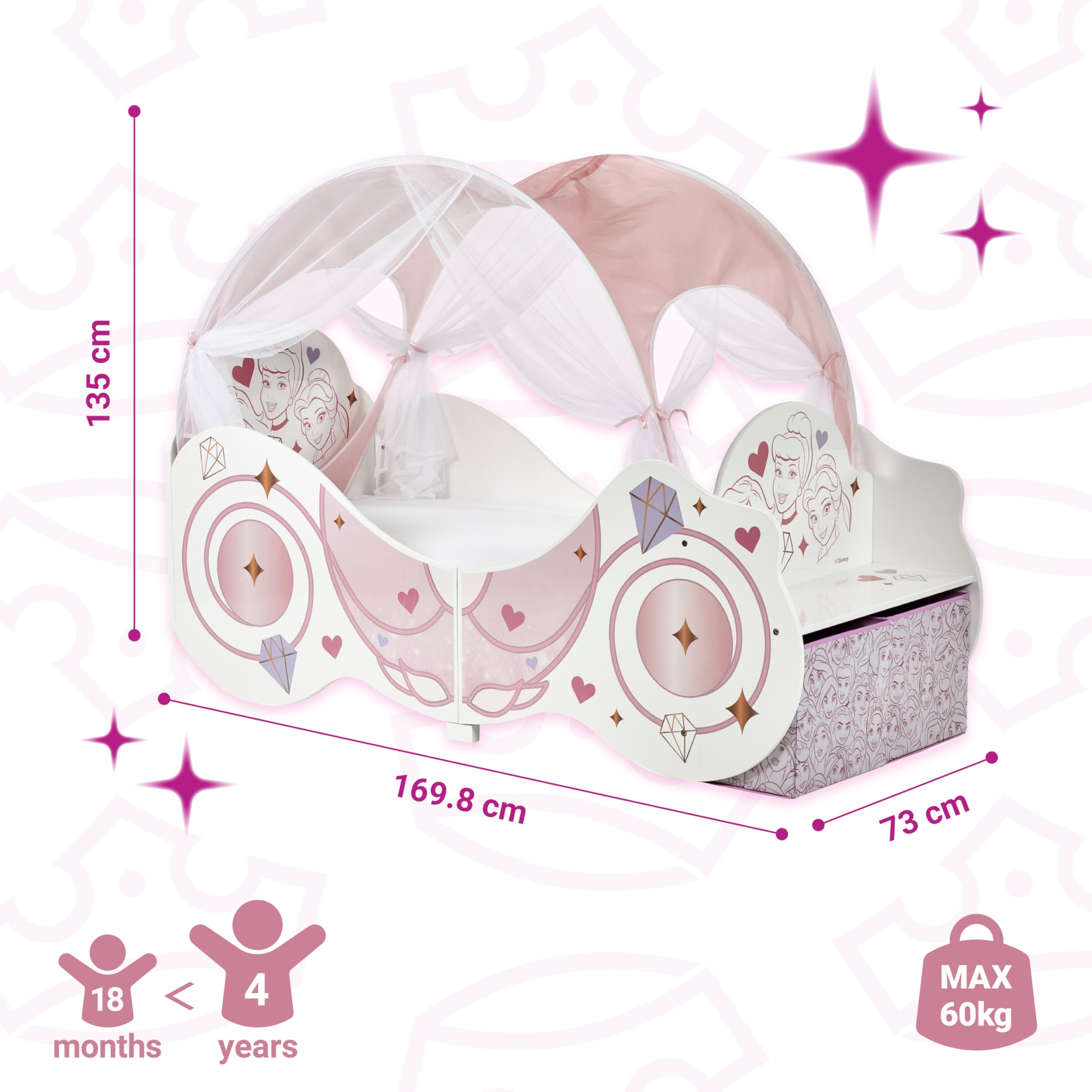 Disney Lit pour Tout-Petits : Construction Robuste en Bois d'ingénierie, côtés protégés, Lattes en Bois, s'adapte aux Matelas de 140 cm x 70 cm (Matelas Non Inclus) – Carrosse de Princesse