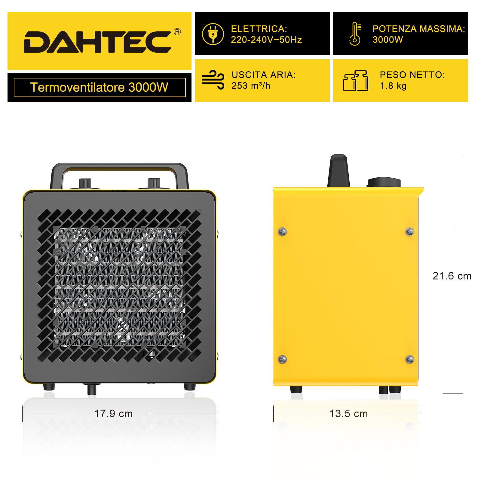 Termoventilatore Basso Consumo 3000 W - Mini Stufetta Elettrica | Compatto Ceramico Riscaldamento - Termostato e Protezione da Surriscaldamento - per Casa, Bagno o Officina, Gialla