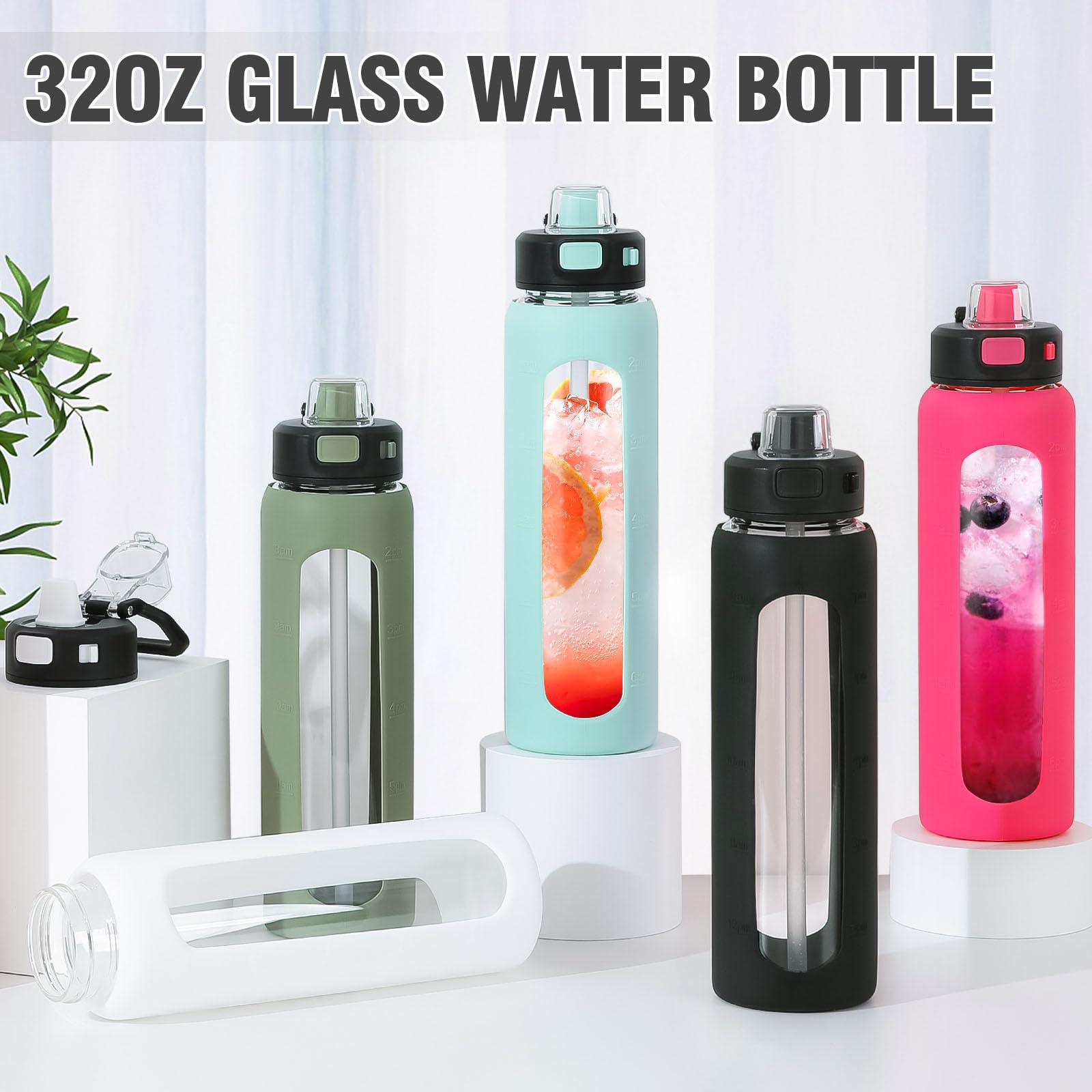 Kodrine Wasserflasche, 32oz Glas Wasserflasche mit Strohhalm, Flasche mit Verriegelungsdeckel Auslaufsicher, Sport Wasserkrug, Trinkflaschen für Fitnessstudio Reisen Zuhause, Schwarz