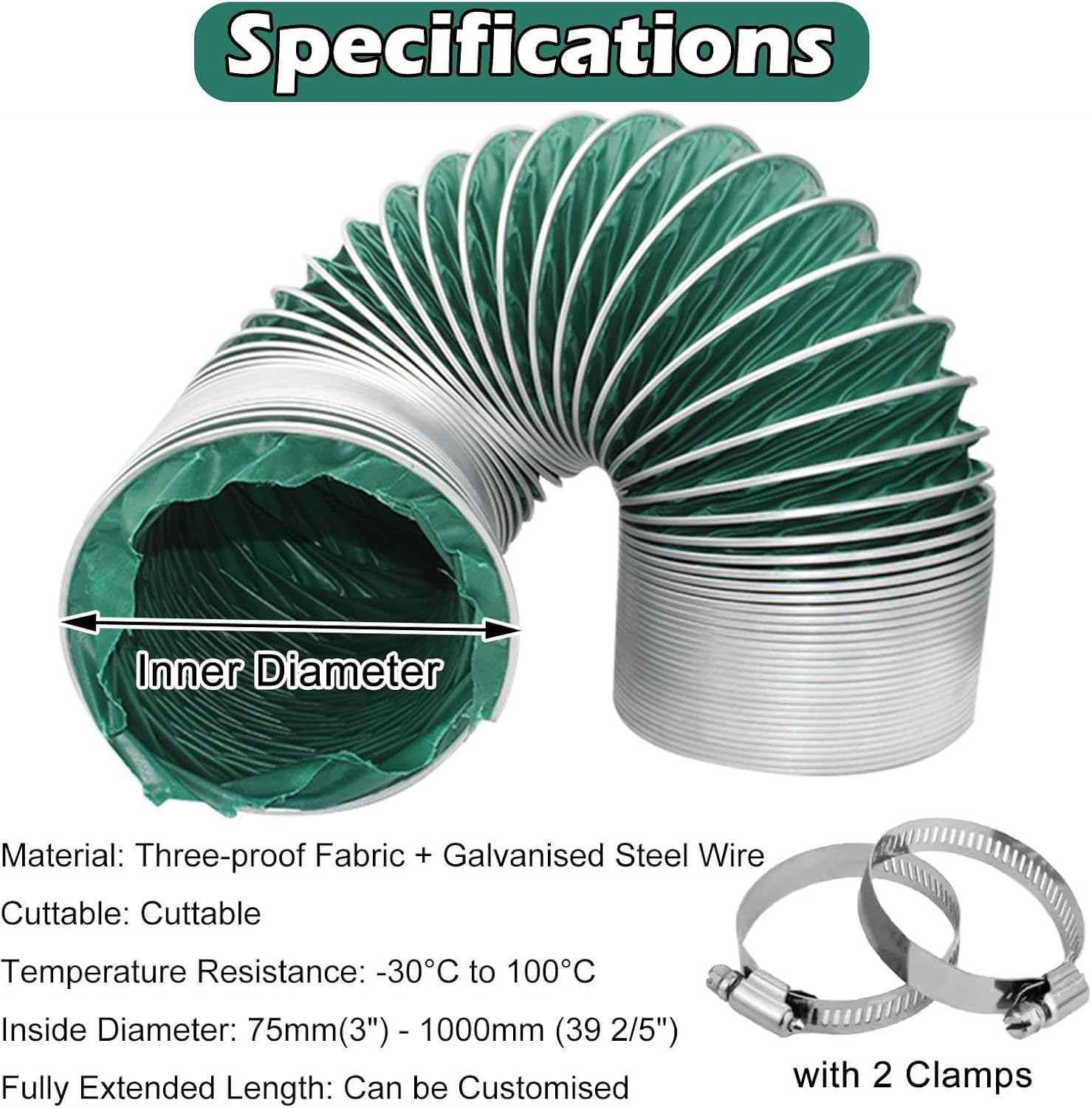 Tuyau Ventilation Tuyau de Conduit de Ventilation pour Cuisines/Grenier/Salle de Bains, Tuyau d'échappement Vert(L 4m/13ft,Dia 160mm(6.3in))