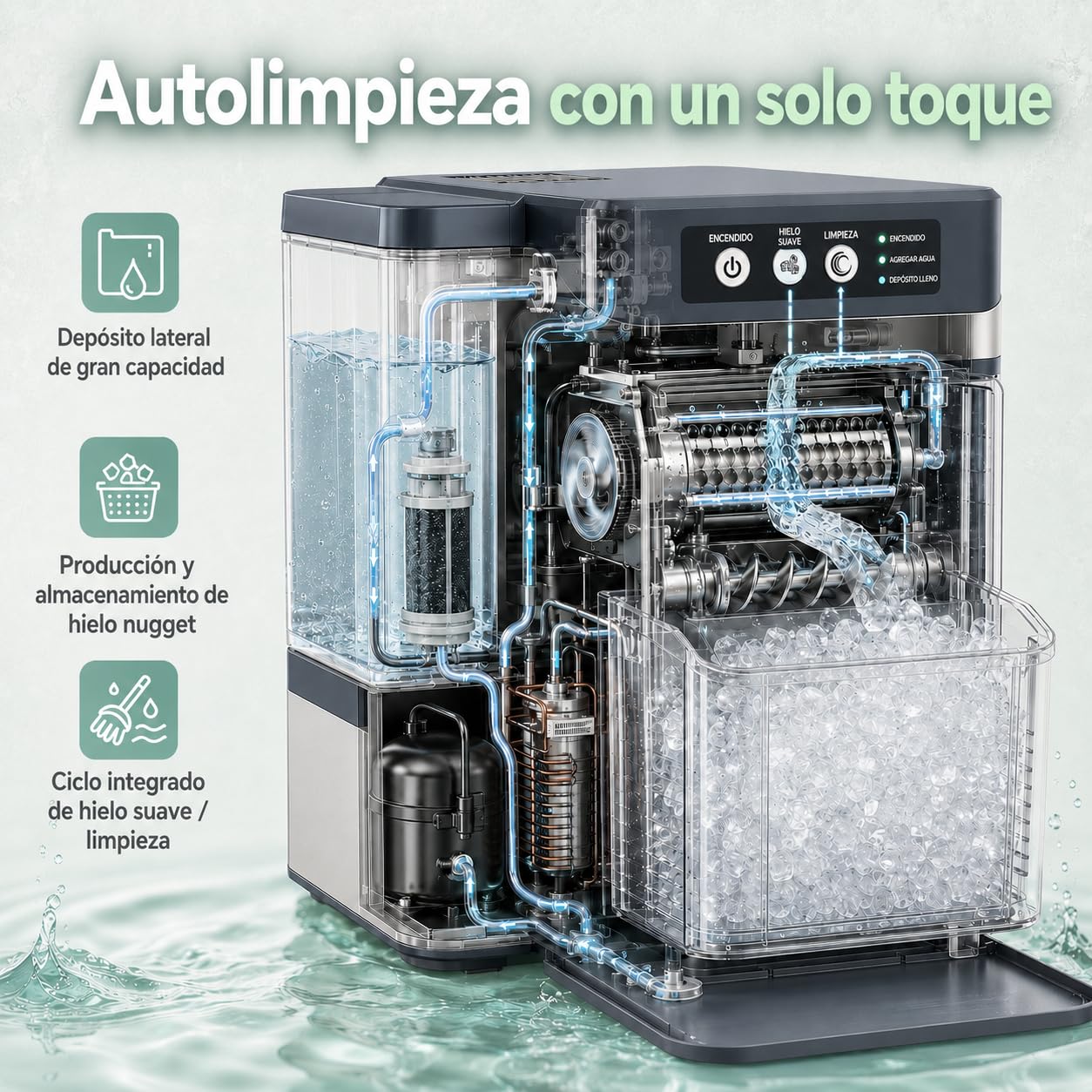 Máquina de Hielo Nugget Masticable, 20kg/24h, Hielo en 8-10 Min | Hielo suave ideal para bebidas, con depósito 1,3L, autolimpieza y diseño compacto para hogar, oficina y fiestas.