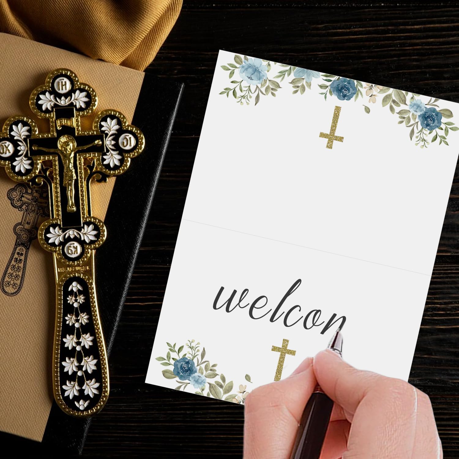 24 Pcs Baptism Place Cards, Baptism Themed Buffet Food Labels (Blue)