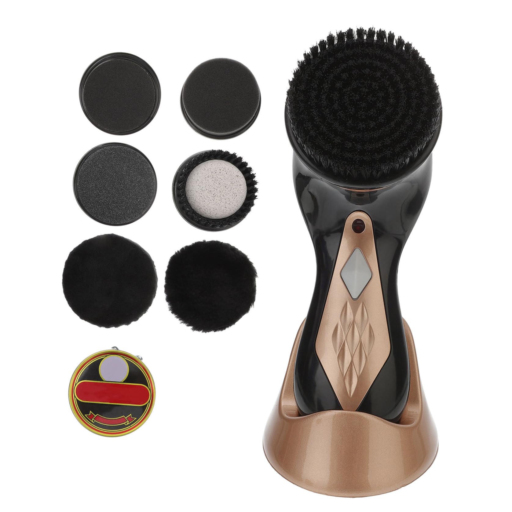 VALICLUD Kit Portátil Eléctrico para Lustrar Zapatos de Cuero Cepillo Pulidor y 7 Accesorios, Cuidado Práctico y Limpio para Calzado y Bolsos Dorados