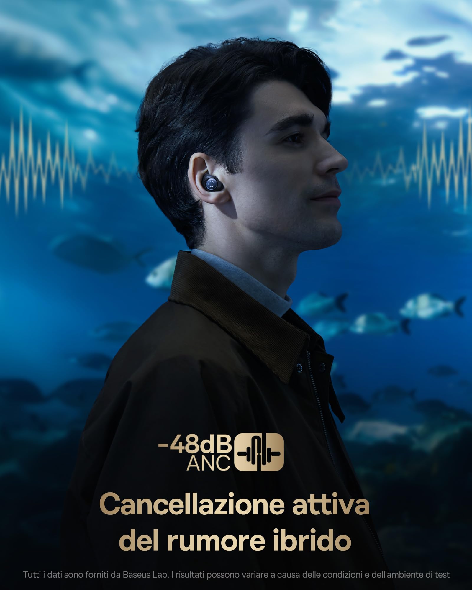 Baseus Cuffie Bluetooth In Ear con Cancellazione Attiva del Rumore Fino al 95%, Bassi Potenti, Riproduzione di 38 0re, Chiamate Chiare, Ricarica Wireless, LED Display, Bluetooth 5.3 - Bowie MA10S