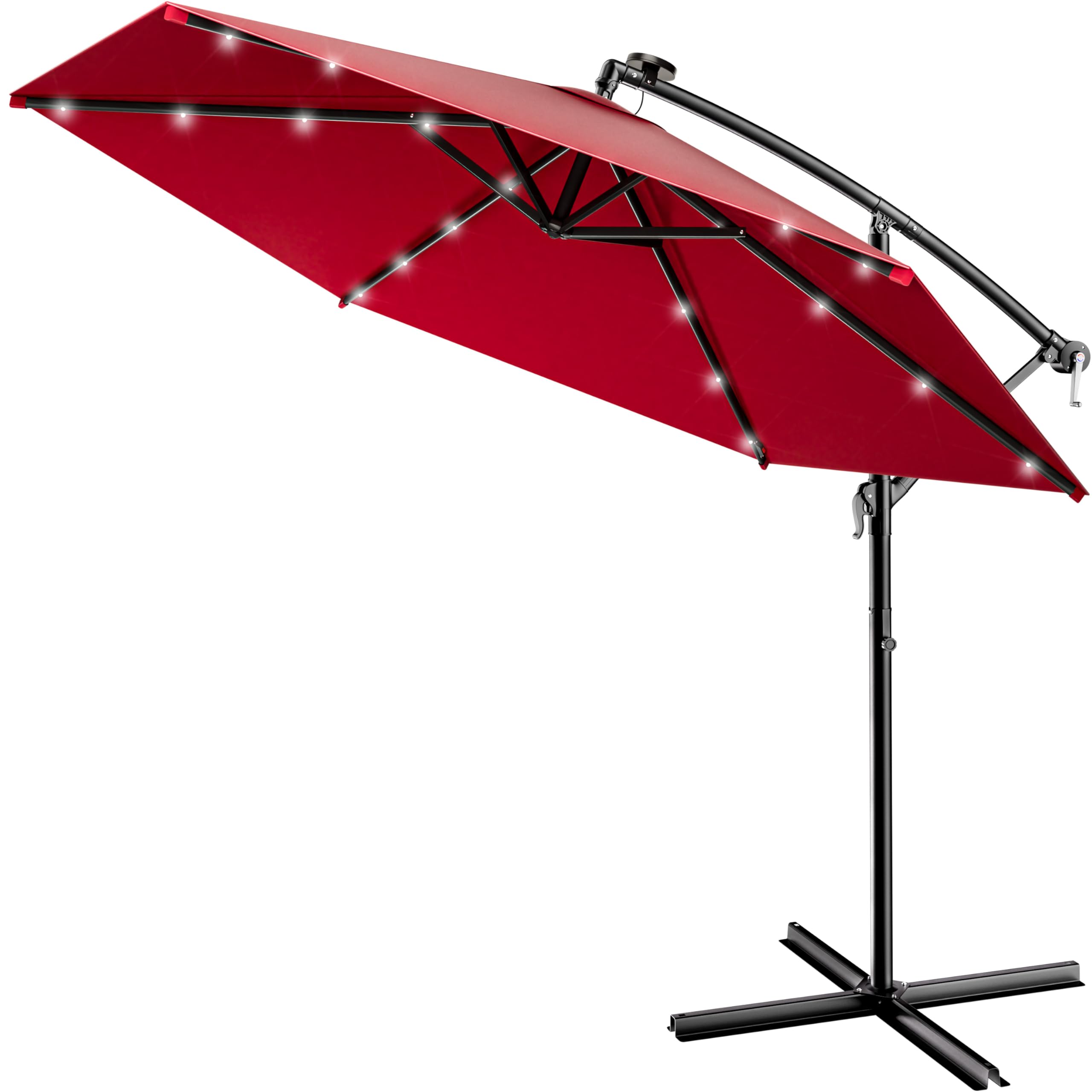 Kingsleeve® Ampelschirm LED Beleuchtung UV Schutz 80+ Solar Ständer Schutzhülle Windsicherung 300cm Groß Kurbel Balkon Terrasse Garten Sonnenschirm Rot
