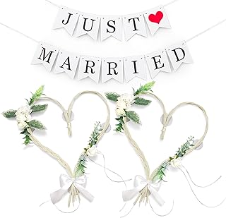 2er Set Rattanherzen Autoschmuck Hochzeit Motorhaube Brautauto Schmuck Hochzeit– Mit Kunstreben, Blüten und Weißer Seiden-Schleife – Größe 50 x 40 cm – Mit Saugnapf für Motorhaube-Dekoration