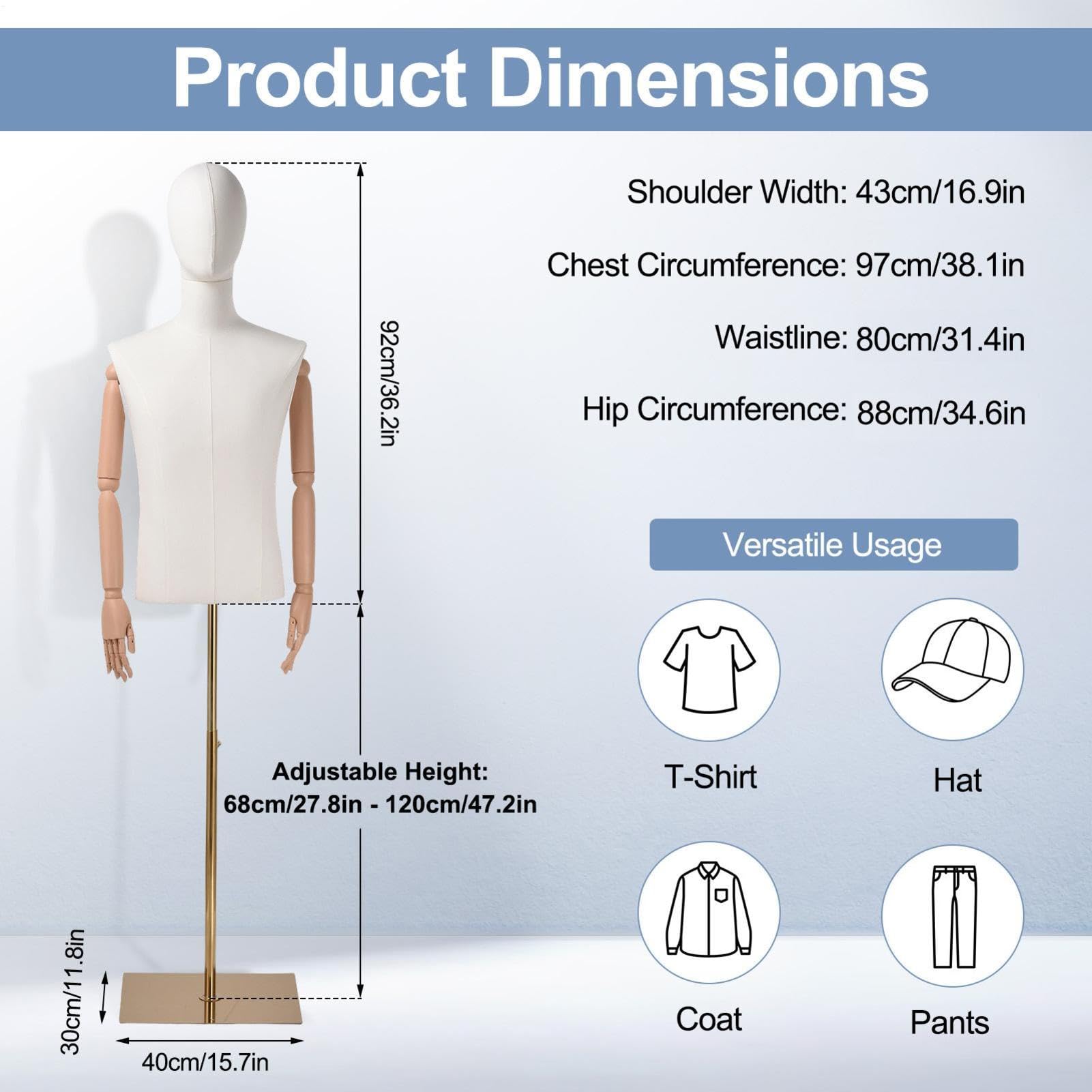 Torso de maniquí Masculino, Altura Ajustable de 160 a 212 cm