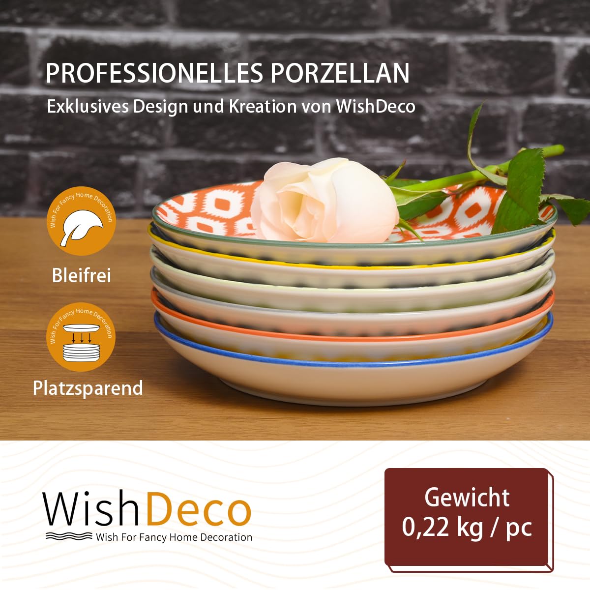 WishDeco Kuchenteller 6er Set, Kleine Dessertteller 15cm, Porzellan Salatteller, Bunte Frühstücksteller, Mini Speiseteller für Pasta, Obst, Brot