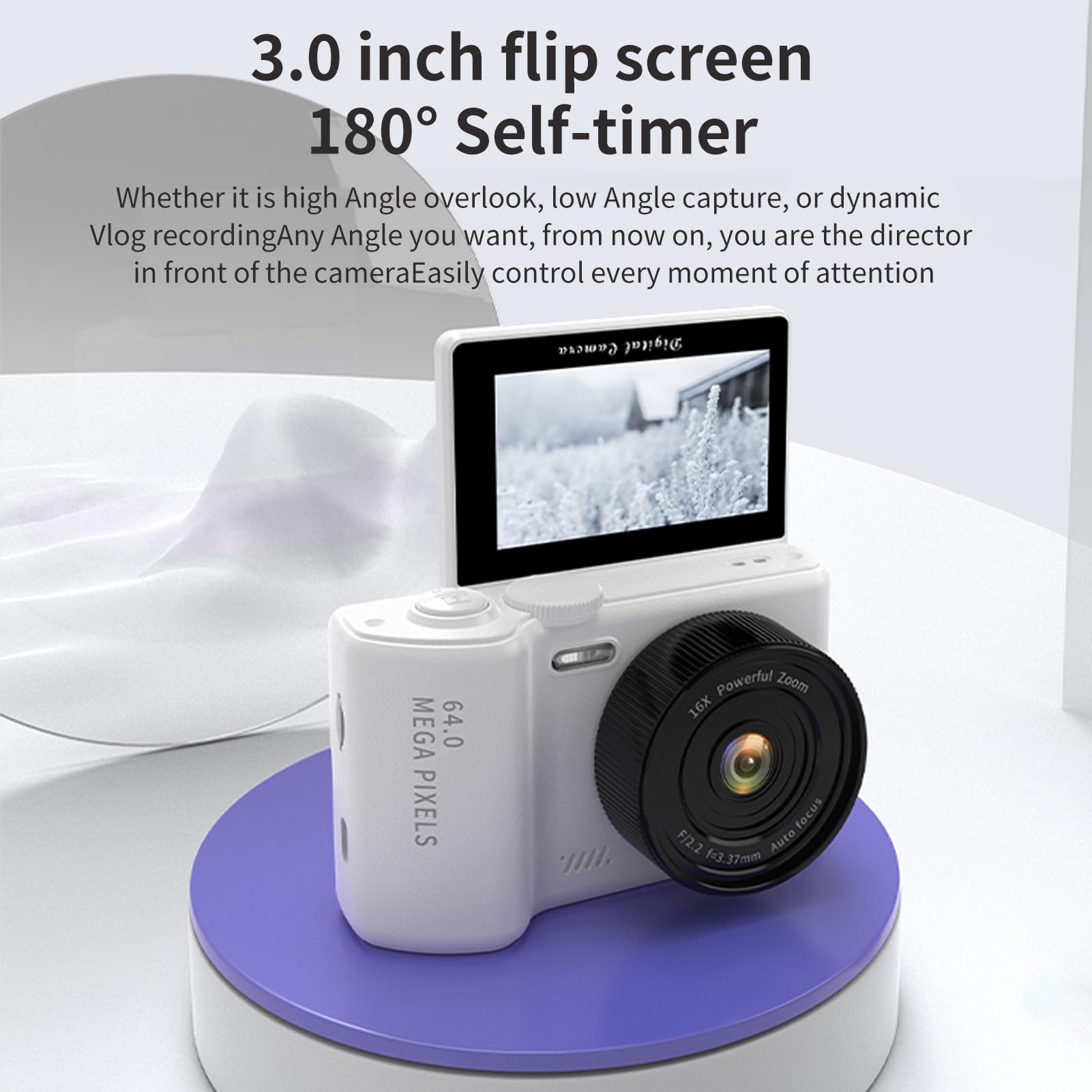 Andoer Cámara digital 4K plegable de 3 pulgadas, cámara WiFi de 64 MP, compacta portátil con zoom digital 16X, 32 GB TF, batería